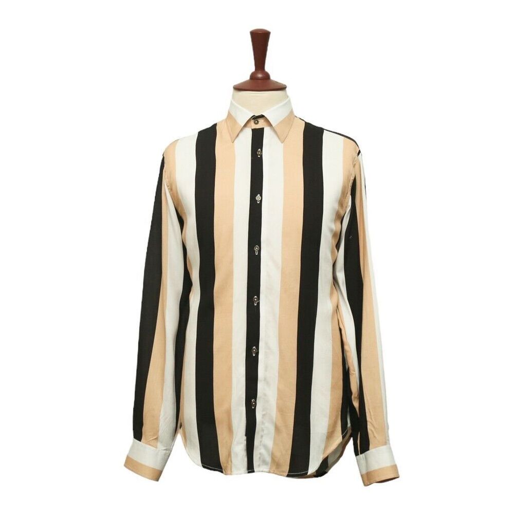 Mens Shirt Button Up Beige Black White Striped Dress Casual Beach Party Medium